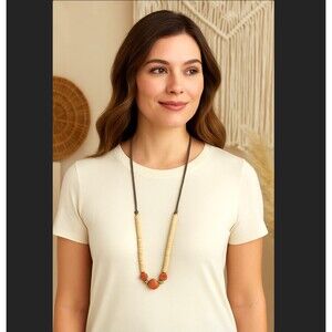 J. Jill Multi-Beaded Necklace Stone Gold Tone Cord Adjustable Clay Puka Earthy